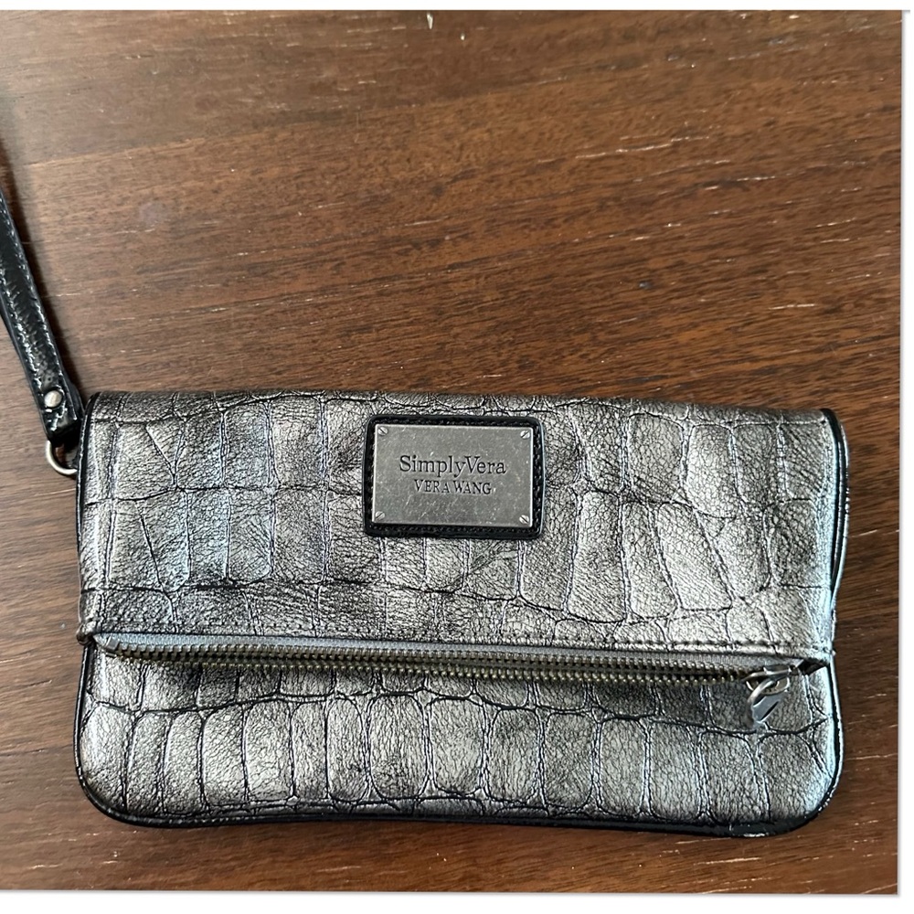 Gun Metal Vera Wang Faux Croc Wristlet w/ Fold Over Feature & Card Slots Inside
